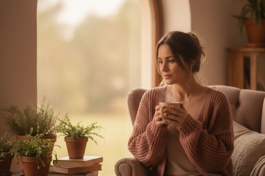 mulher pensativa olhando pela janela representando dependência emocional e autoconhecimento feminino