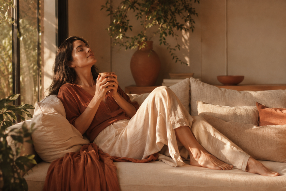 mulher brasileira descansando intencionalmente representando o conceito de soft life e amor próprio feminino
